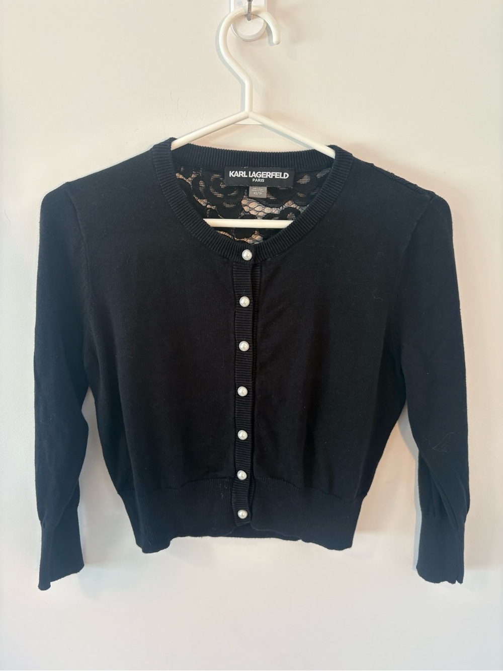 Karl Lagerfeld Paris Black Pearl Button Lace Back Cardigan XS